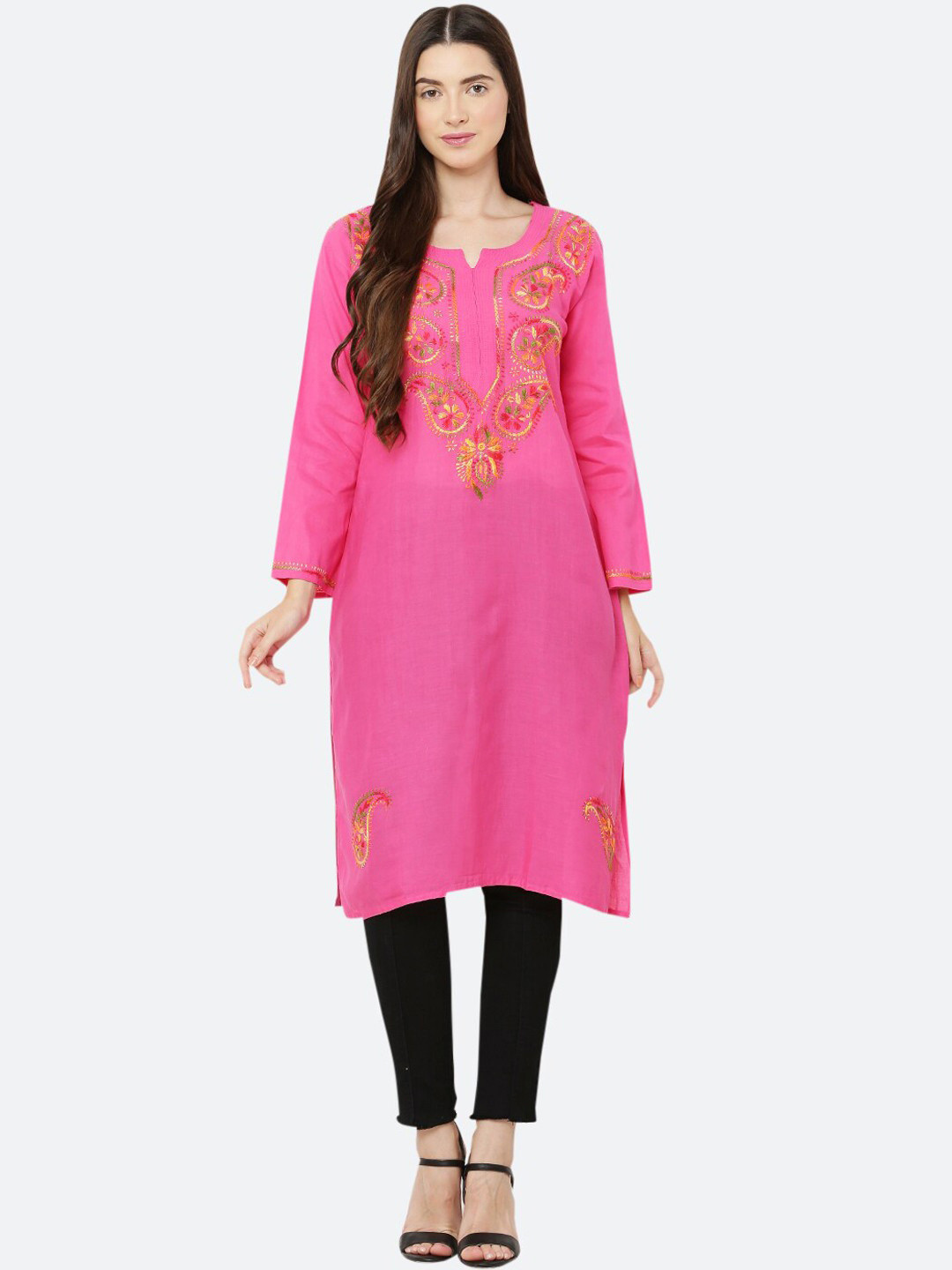 FAWOMENT Women Pink Paisley Embroidered Thread Work Cotton Kurta