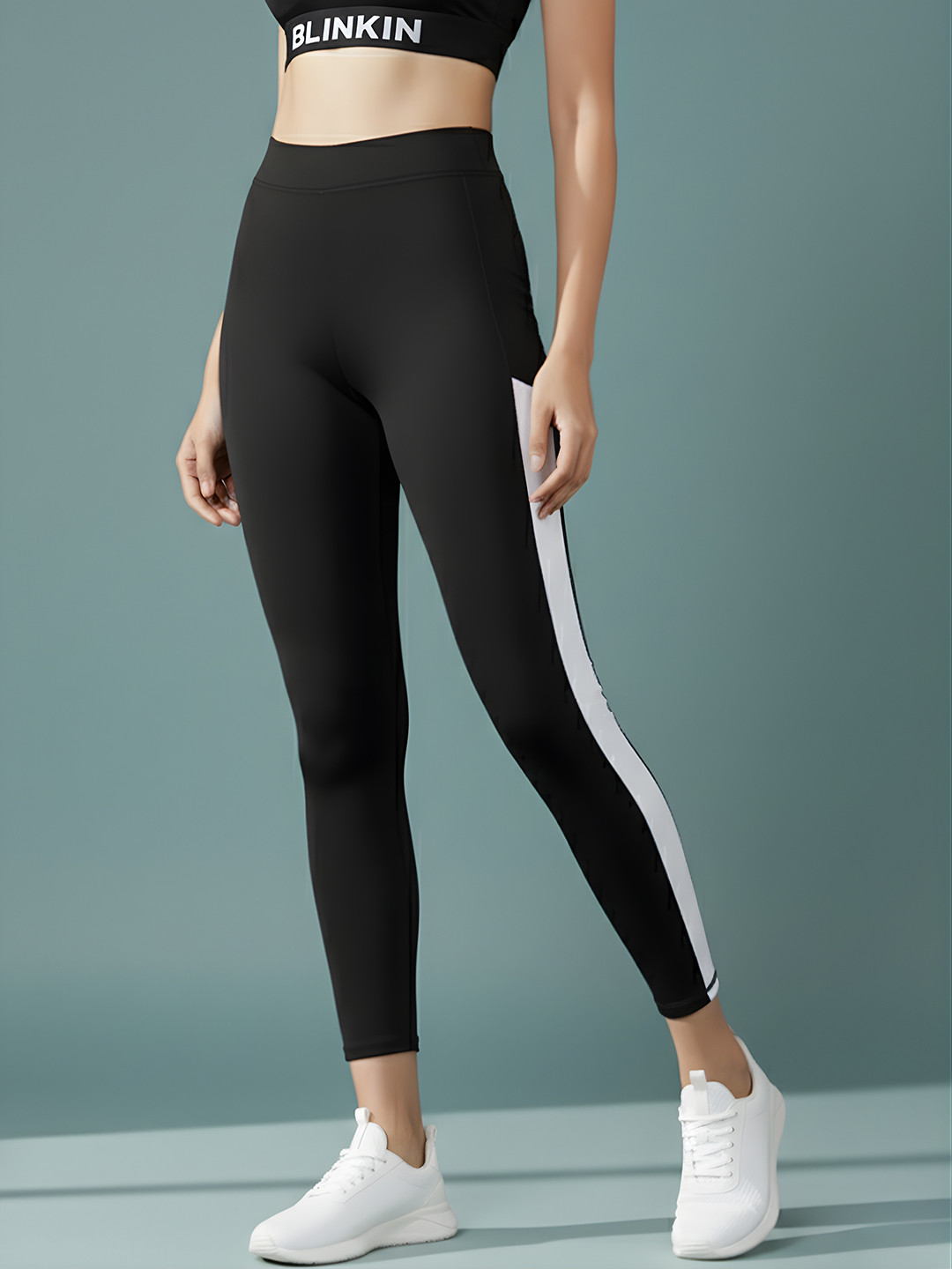 Blinkin Women Black Solid High-Rise Tights with Side Taping