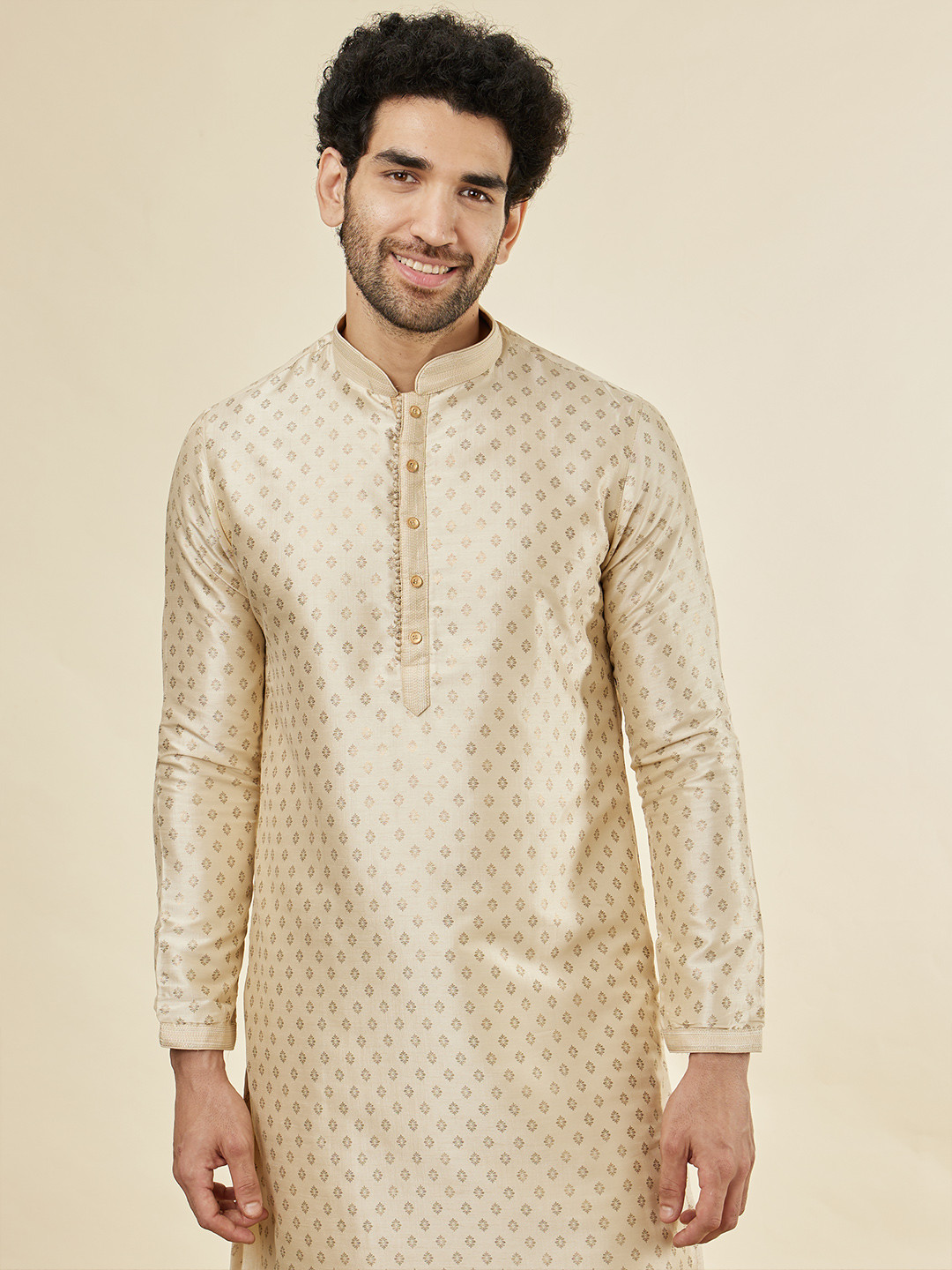Manyavar Men Beige Art Silk Printed Kurta With Pyjamas