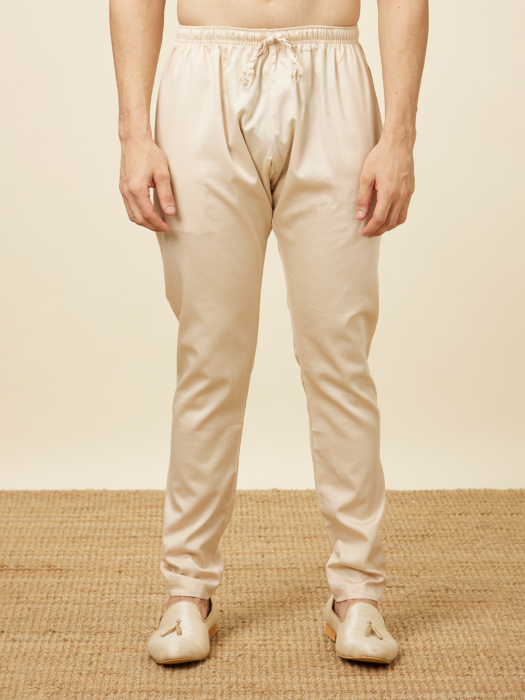 Manyavar Men Beige Solid Pencil Fit Cotton Pyjamas