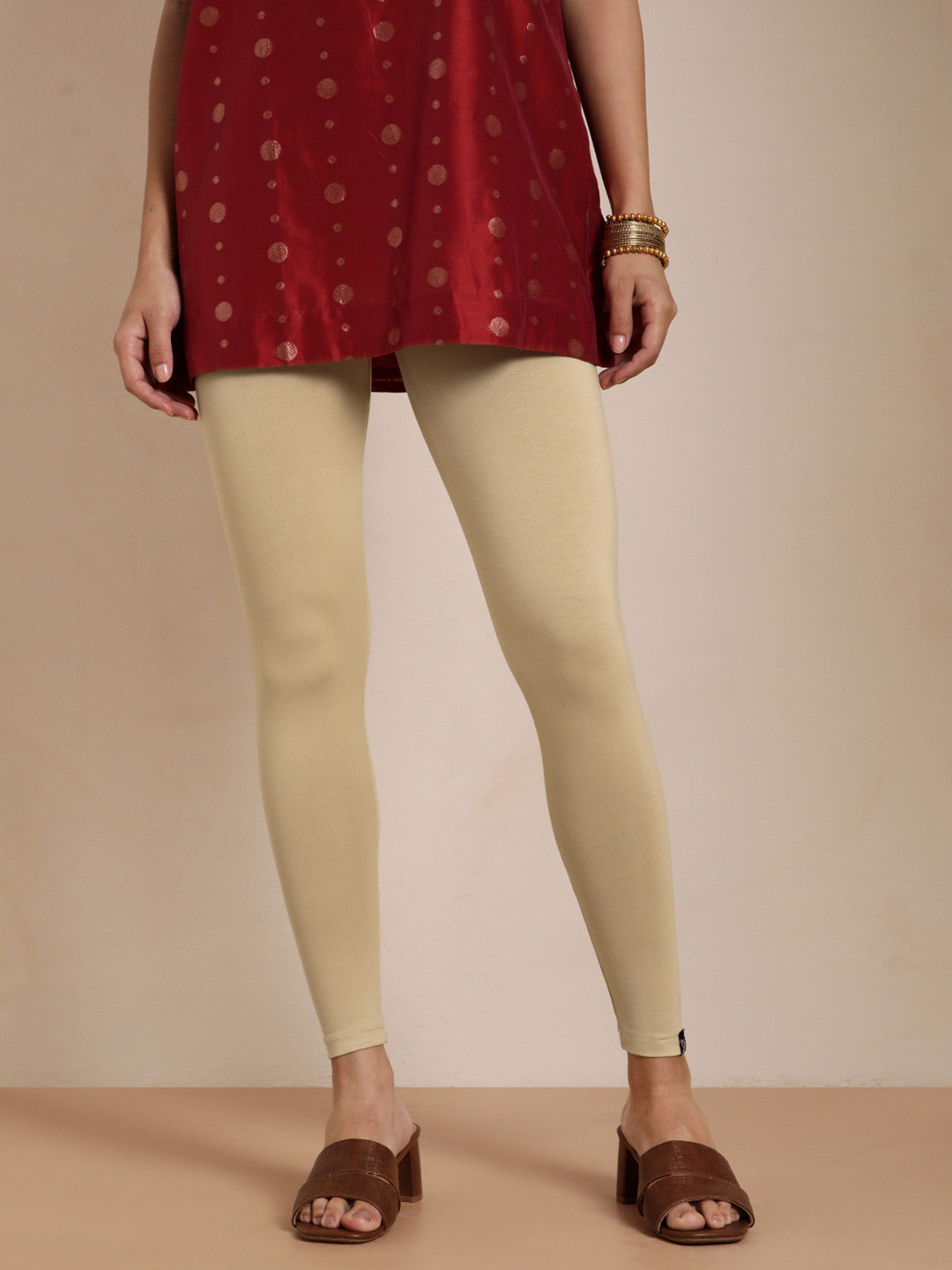 TWIN BIRDS Women Beige Solid Sugar Cookie Ankle-Length Leggings
