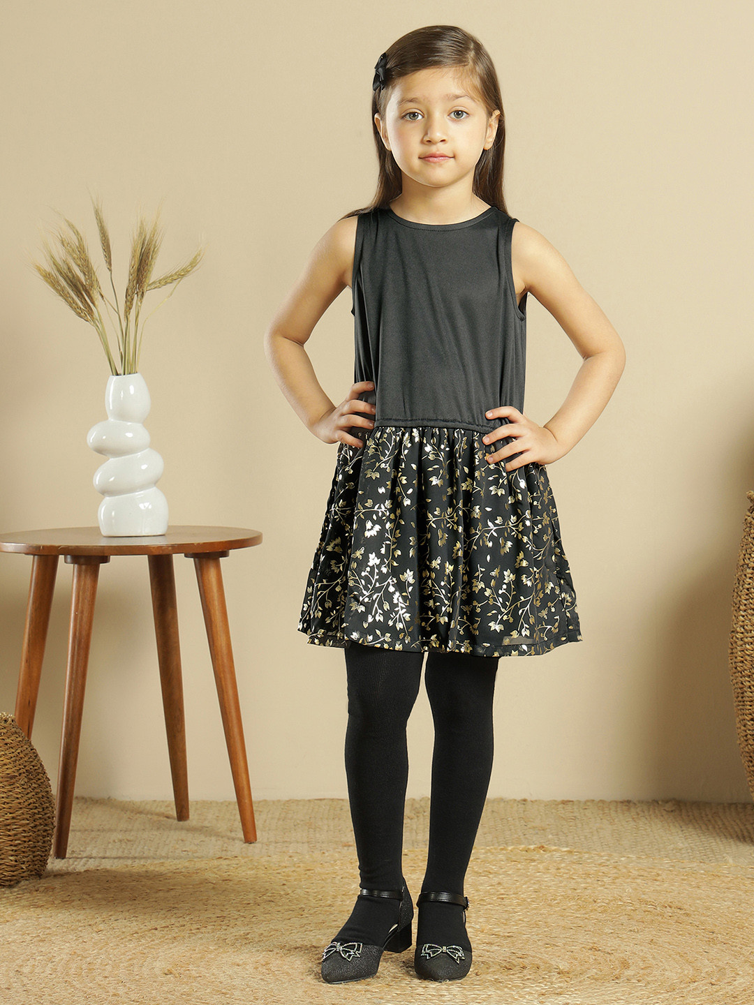 Miyo Girls Black & Gold-Toned Floral Dress