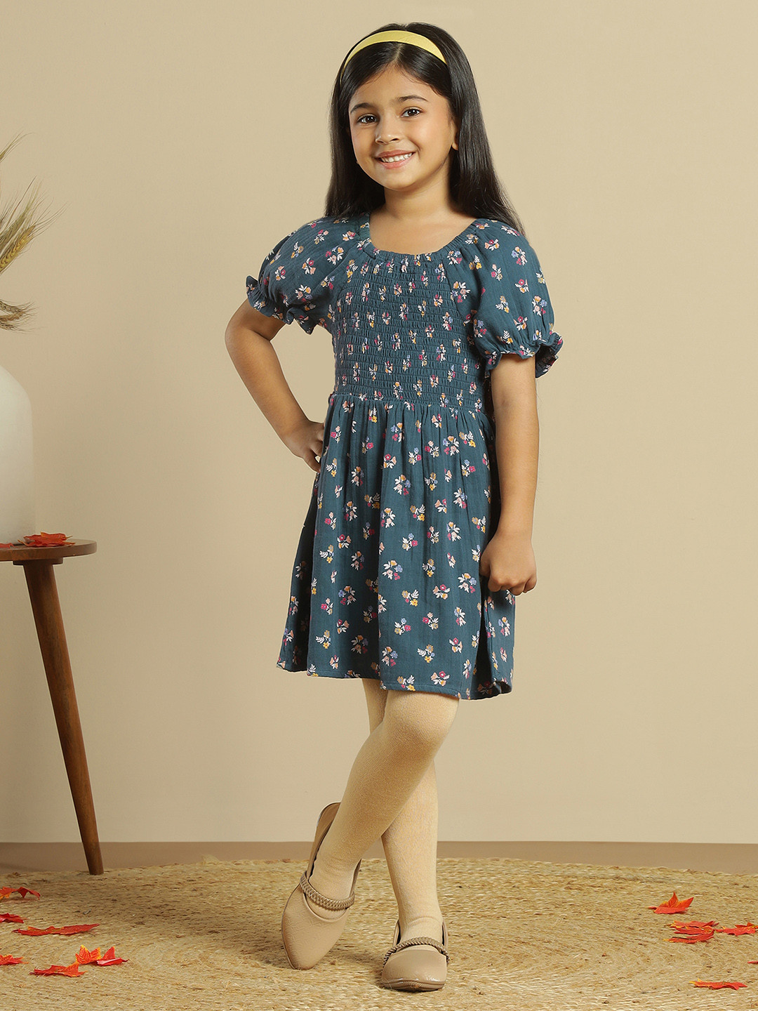 Miyo Girls Floral Printed Cotton Smocked Dress