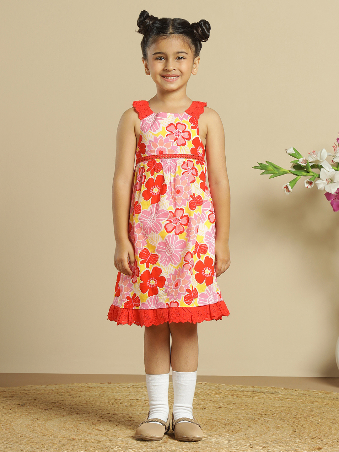 Miyo Red Floral Cotton Empire Dress