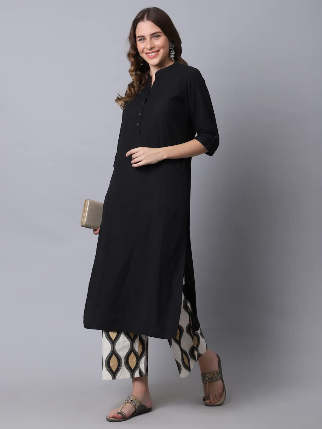Pistaa Women Black Printed Layered Kurti with Trousers