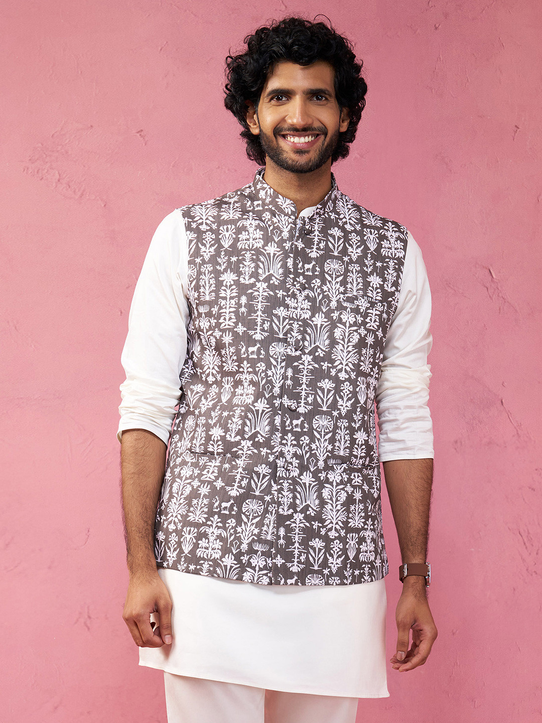 VASTRAMAY Men Green Printed Woven Nehru Jackets
