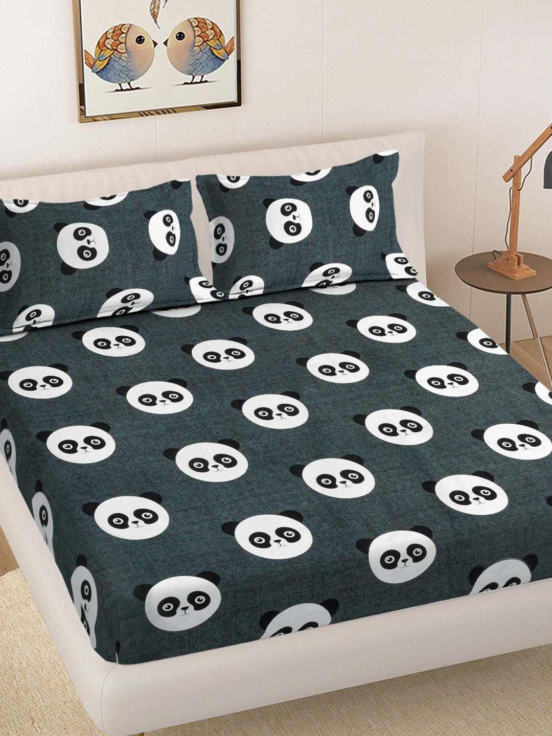FABINALIV Grey Cartoon Print Polycotton 300 TC Fitted King Bedsheet with 2 Pillow Covers