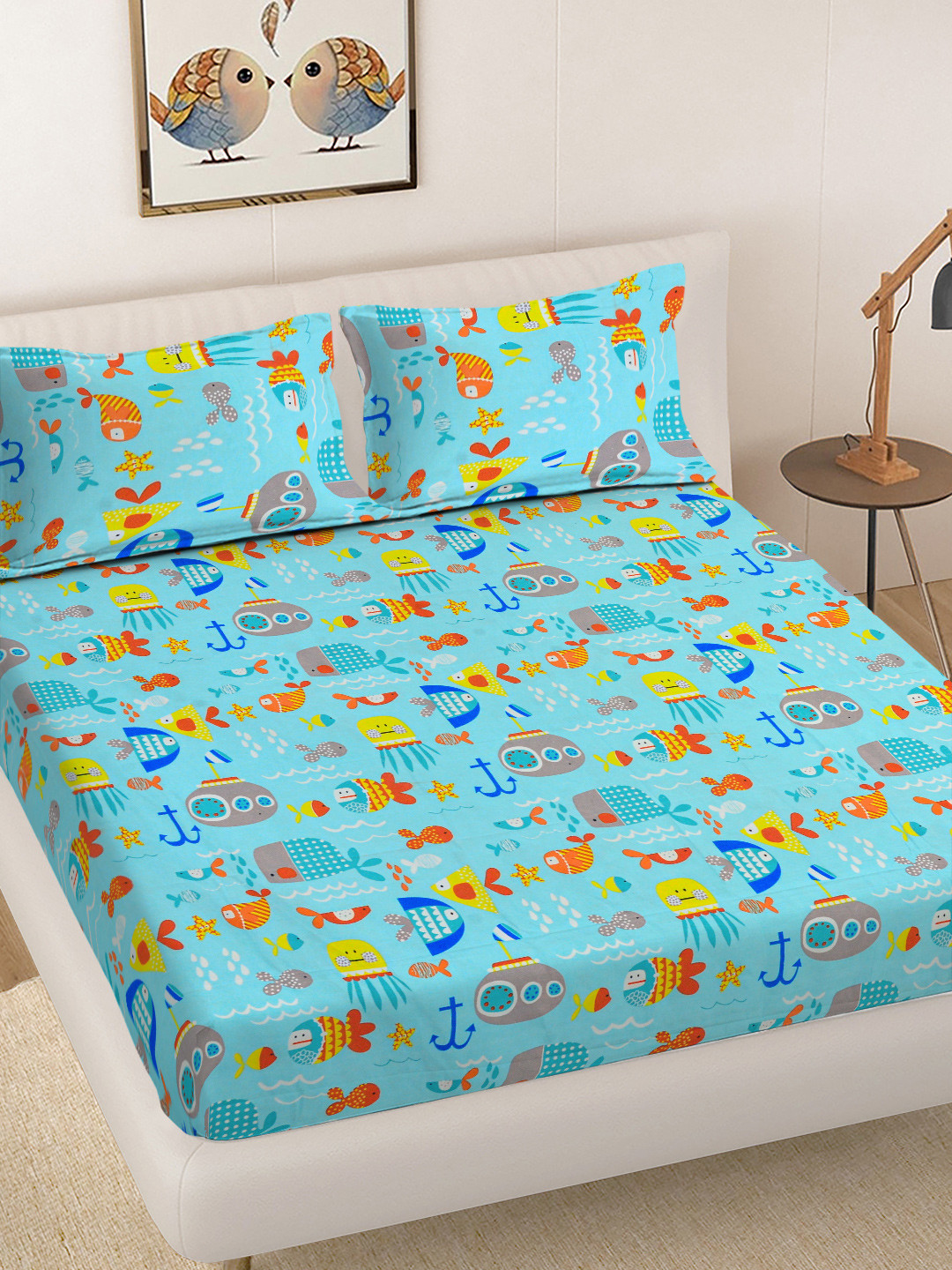 FABINALIV Blue Cartoon Print Polycotton 300 TC Fitted King Bedsheet with 2 Pillow Covers