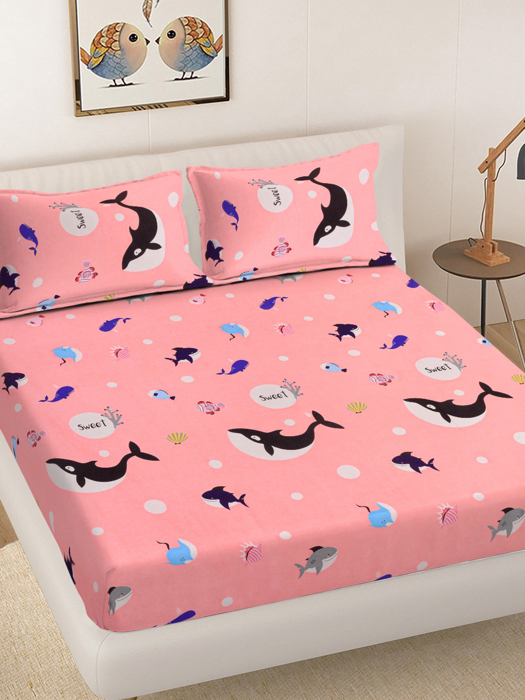 FABINALIV Peach Cartoon Print Polycotton 300 TC Fitted King Bedsheet with 2 Pillow Covers