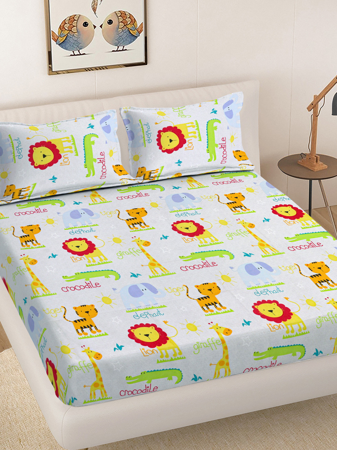 FABINALIV White Cartoon Print Polycotton 300 TC Fitted King Bedsheet with 2 Pillow Covers