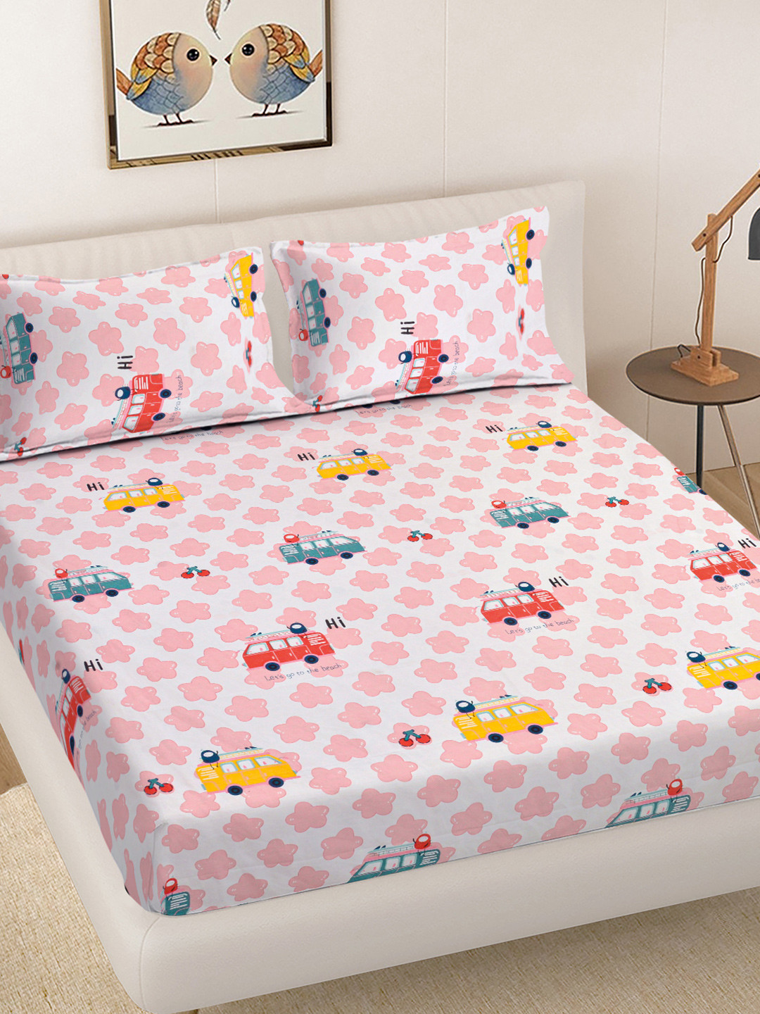 FABINALIV White Cartoon Print Polycotton 300 TC Fitted King Bedsheet with 2 Pillow Covers