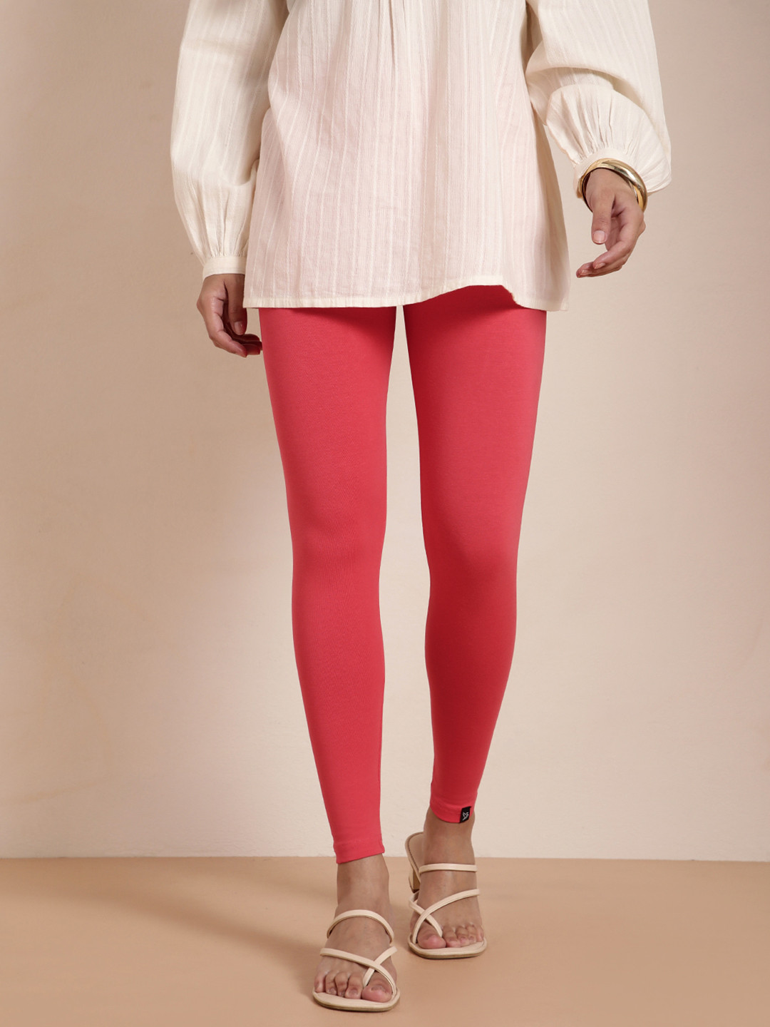 TWIN BIRDS Women Coral Pink Solid Ankle Length Leggings