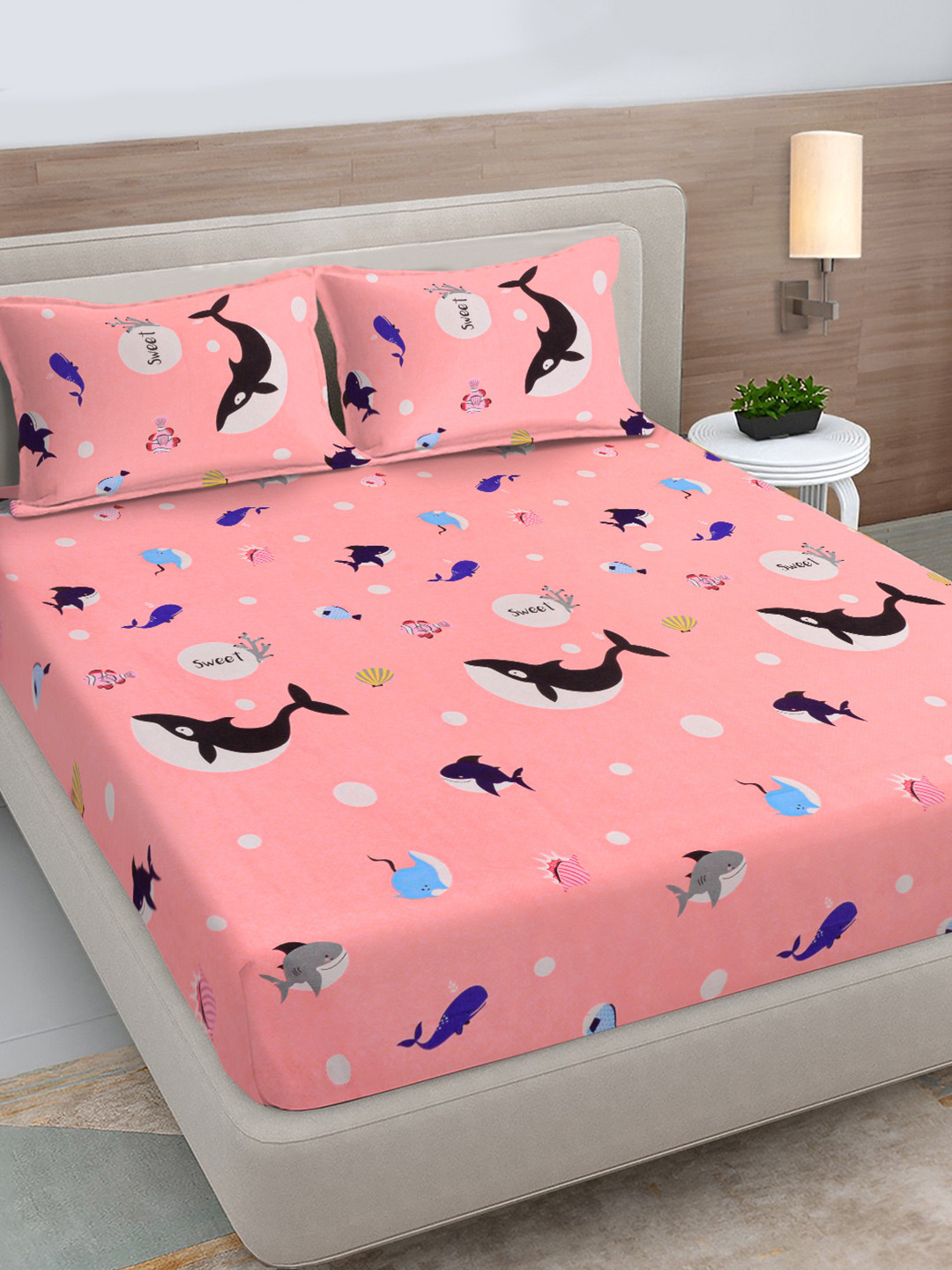 FABINALIV Peach Cartoon Print Polycotton 300 TC King Bedsheet with 2 Pillow Covers