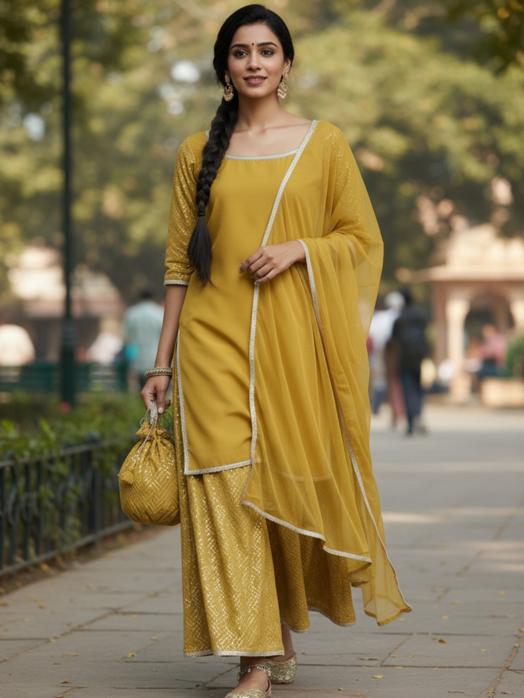 Libas Women Mustard Yellow Sequinned Kurta with Palazzos & Dupatta & Potli