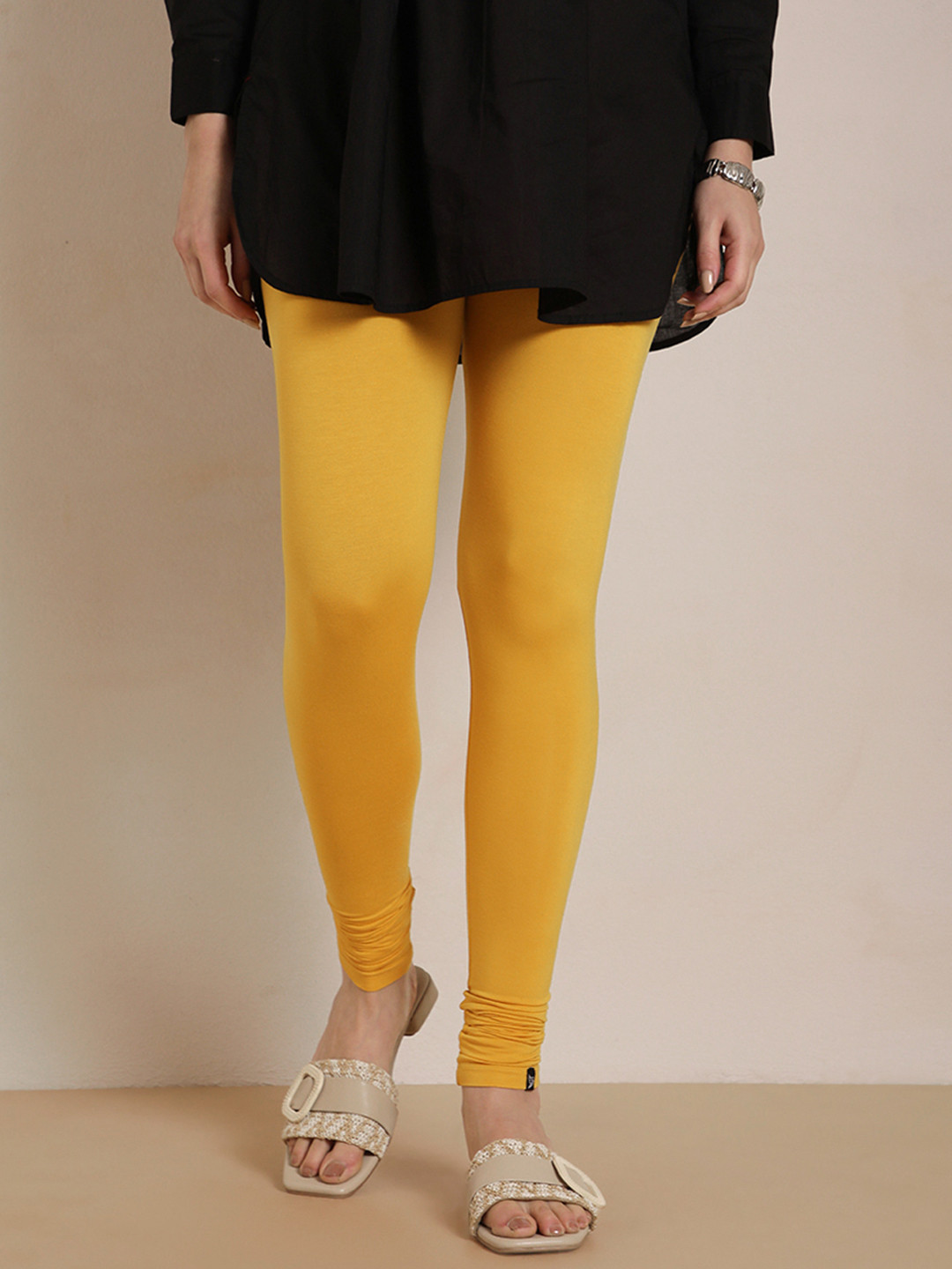 TWIN BIRDS Women Mustard Yellow Solid Churidar-Length Leggings