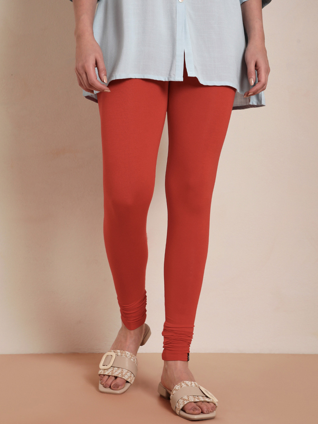TWIN BIRDS Women Orange Solid Churidar-Length Leggings
