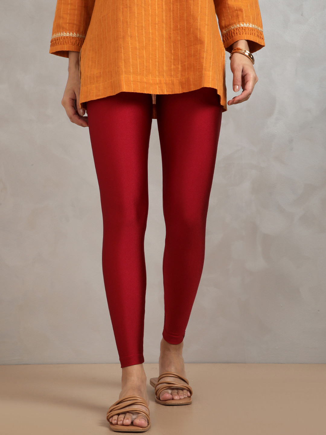 TWIN BIRDS Women Red Solid Ankle-Length Shimmer Leggings