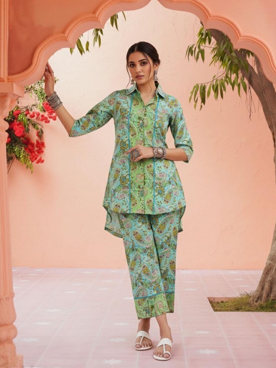 WineRed Printed Pure Cotton Shirt Collar Top With Trouser