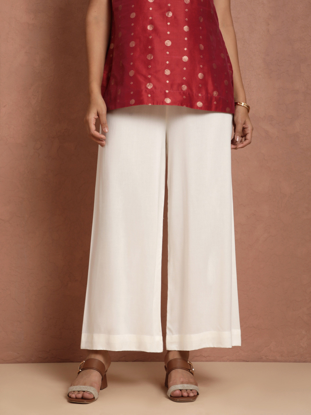 TWIN BIRDS Women White Solid Wide Leg Palazzos
