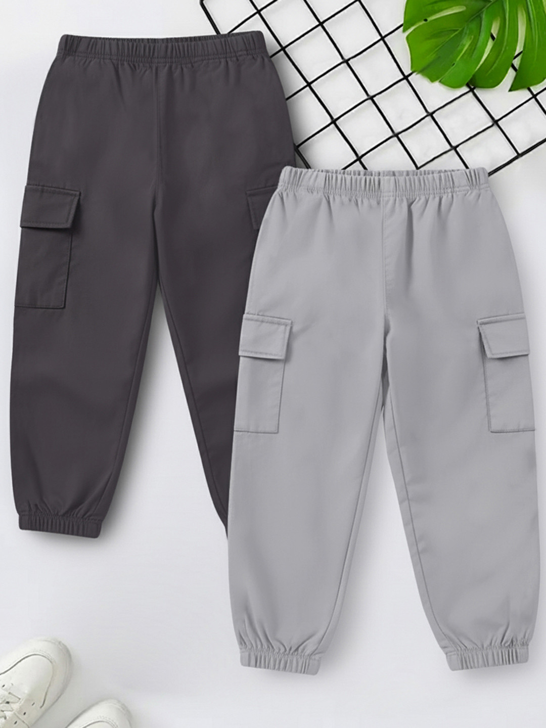 

YK X Trampoline Kids Pack Of 2 Cotton Cargo Joggers, Charcoal