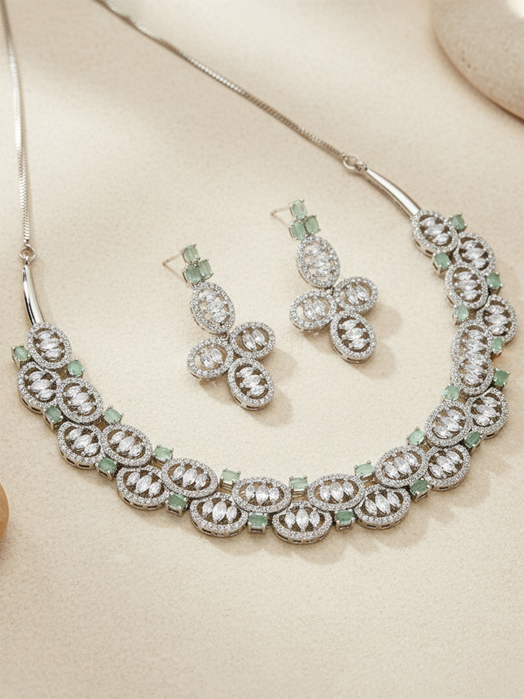 KARATCART Silver-Plated & Lime Green AD-Studded Jewellery Set
