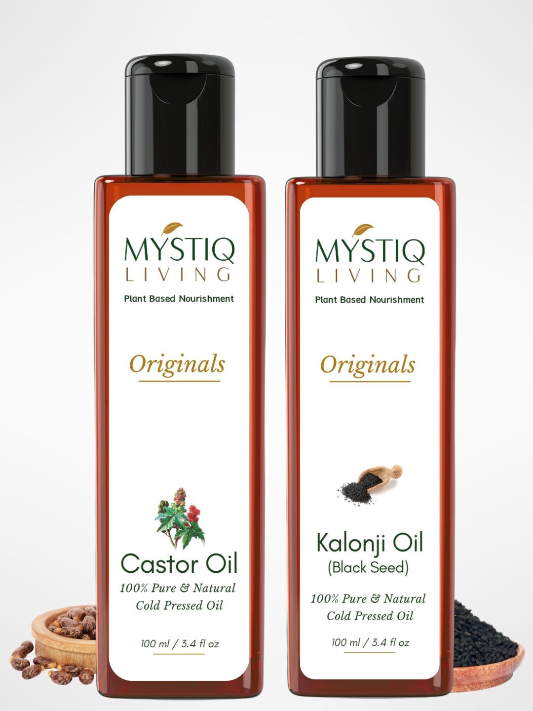 MYSTIQ LIVING 100% Pure Cold-Pressed Castor & Kalonji Hair & Skin Care Oil - 100ml Each