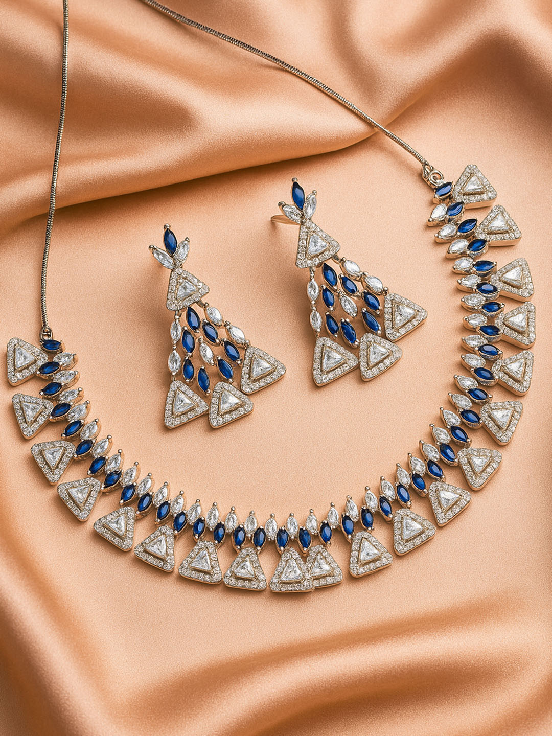 KARATCART Silver-Plated Blue CZ Studded & Beaded Jewellery Set