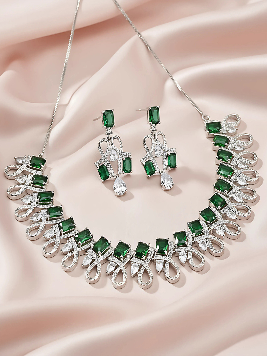 KARATCART Silver-Plated Green & White AD-Studded Jewellery Set