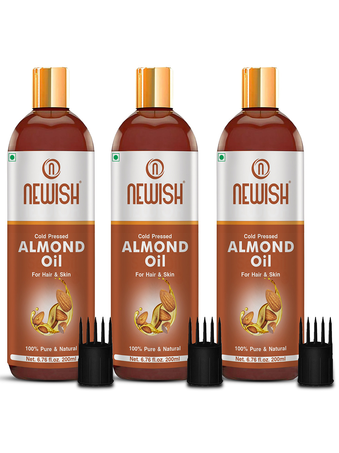 NEWISH Set of 3 Pure & Natural Cold Pressed Sweet Almond Oil - 200ml Each