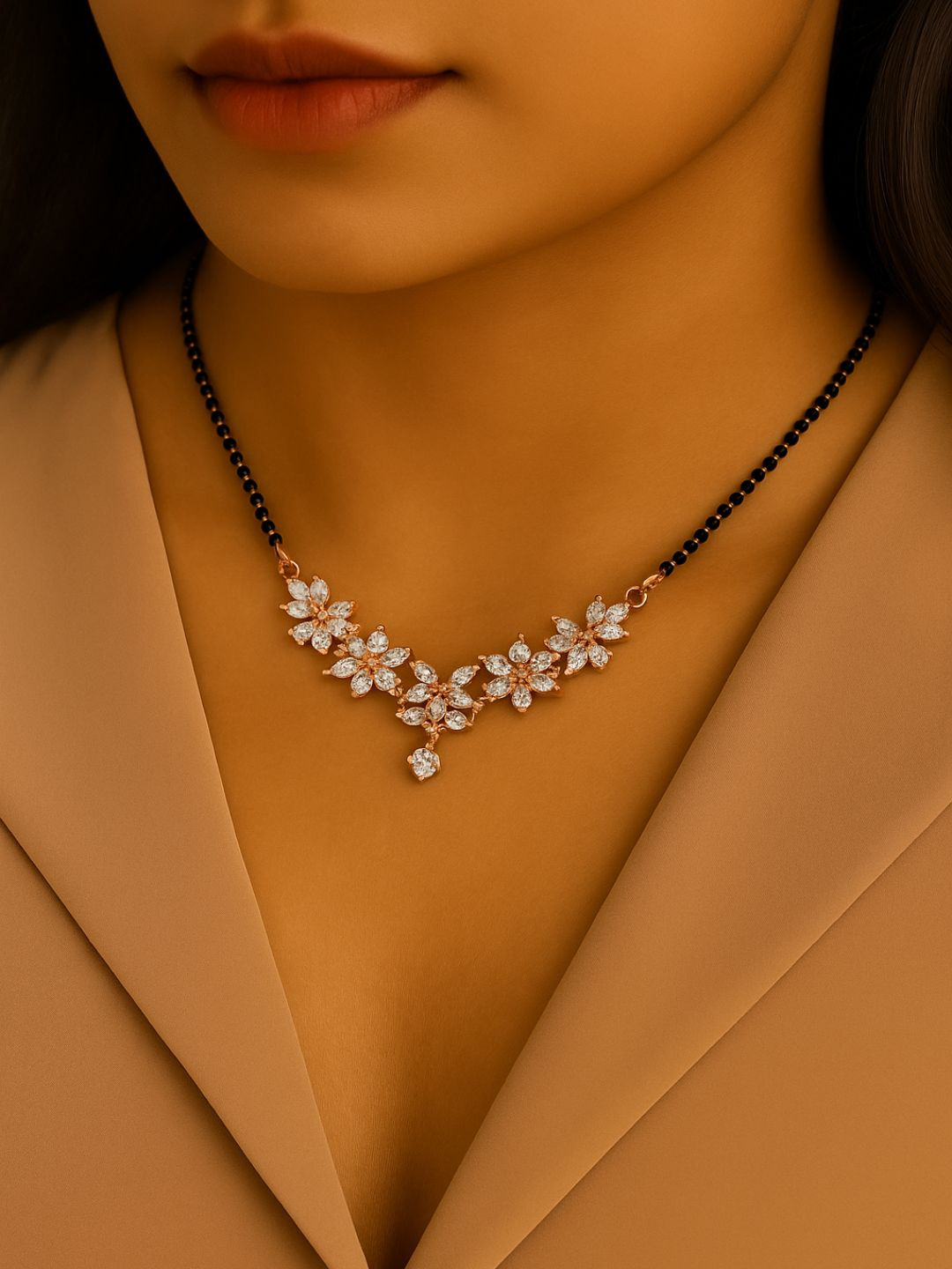 I Jewels Rose Gold Plated & Black Studded Mangalsutra