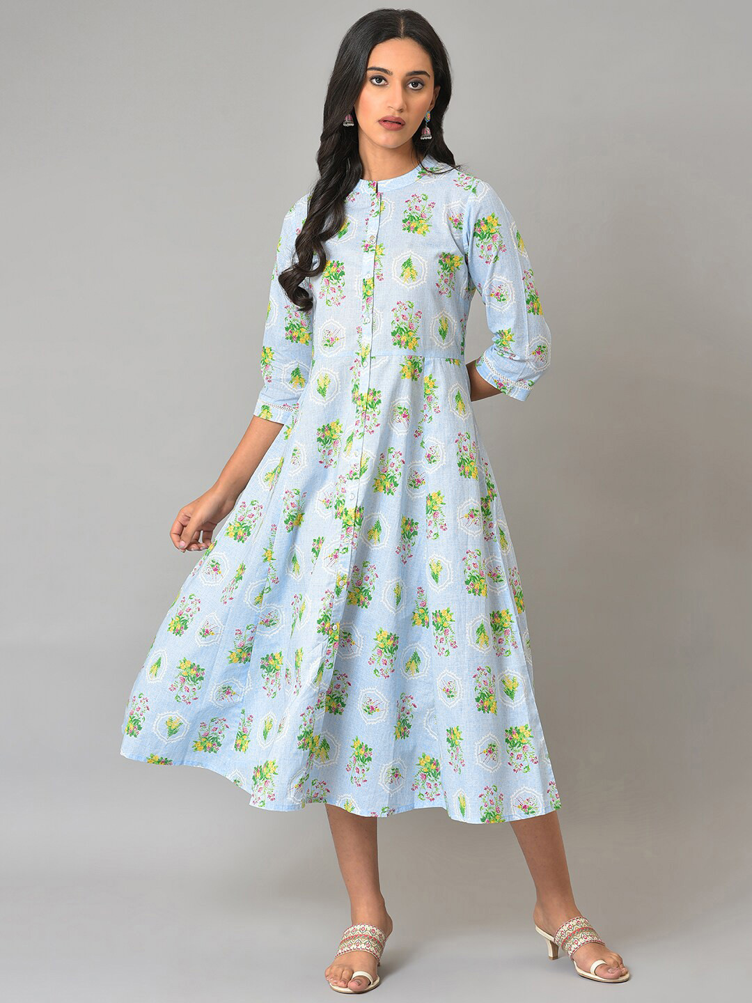 W Floral Printed Pure Cotton Mandarin Collar A-Line Midi Dress