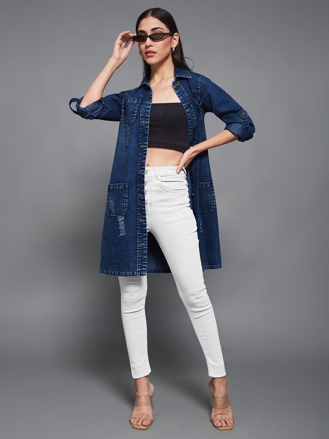 Miss Chase Women Navy Blue Solid Longline Denim Jacket