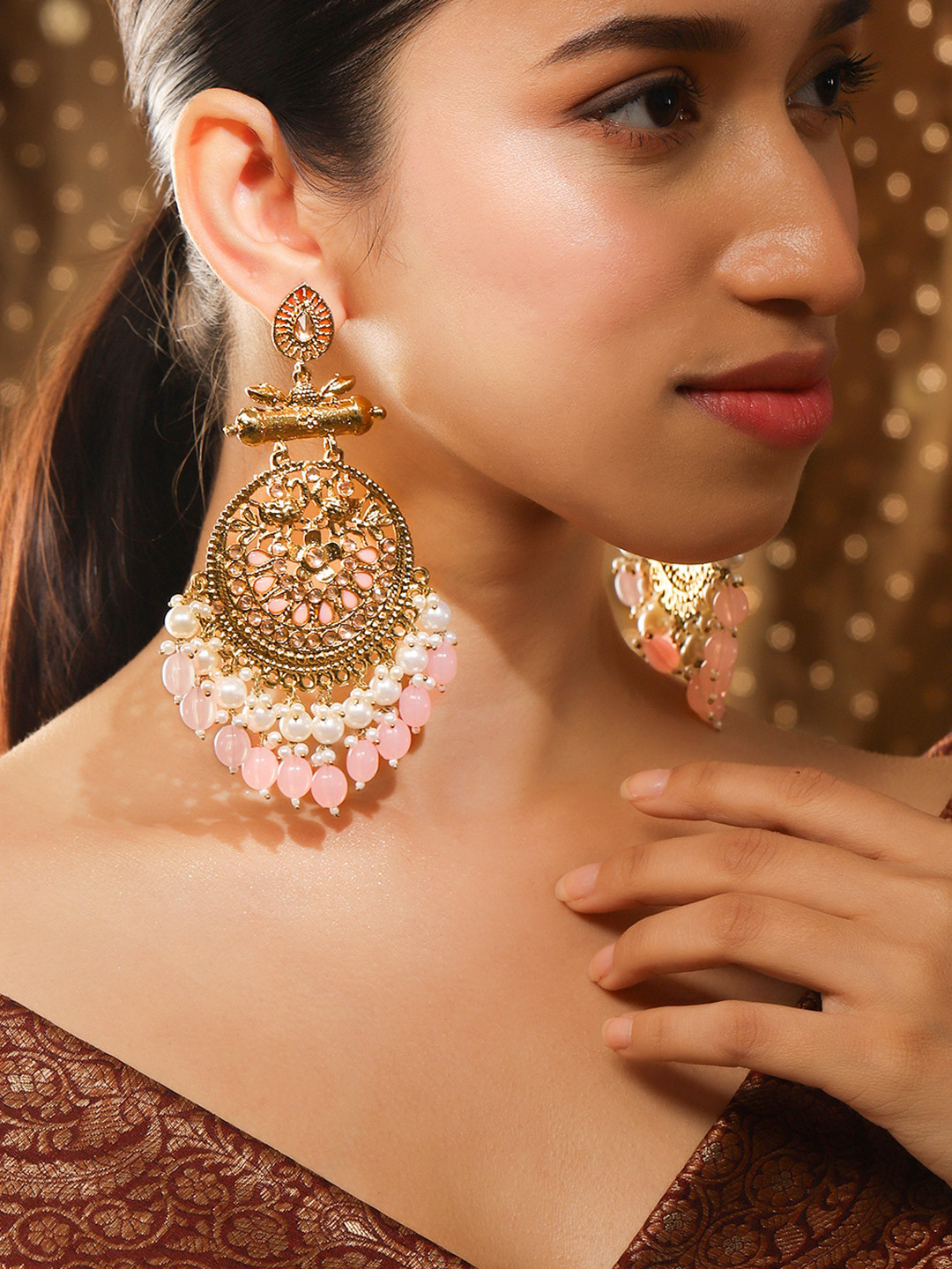 Rubans 18K Antique Gold-Plated Big Chandbali Earrings with Pearl & Pink Bead Accents