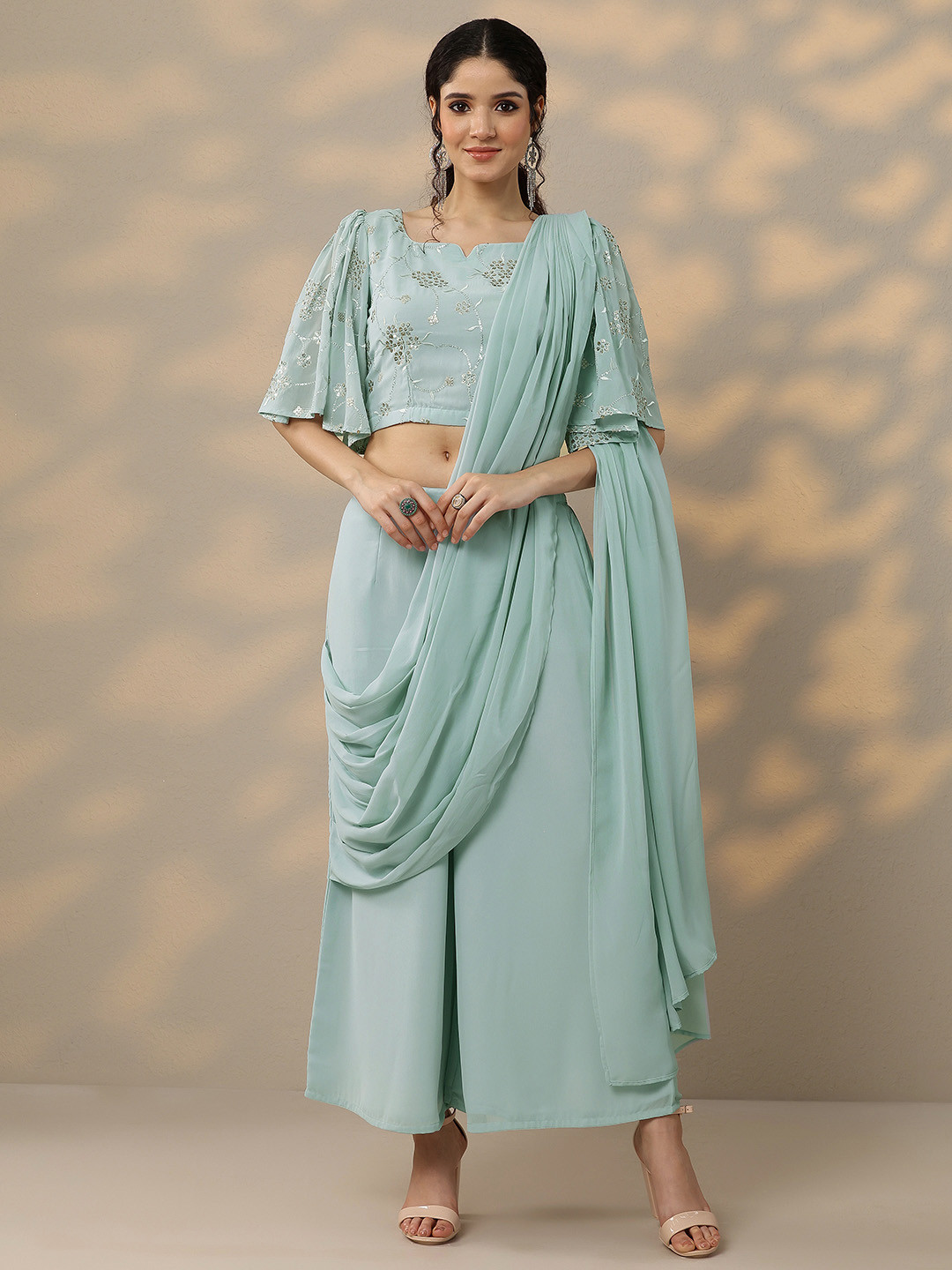 Gerua By Libas Floral Embroidered Pure Georgette Palazzo Saree