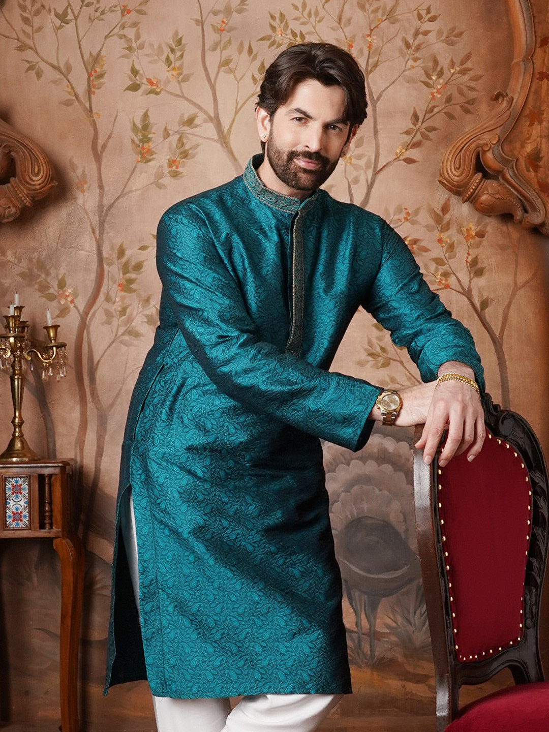 SOJANYA Men Teal Green Embroidered Straight Kurta