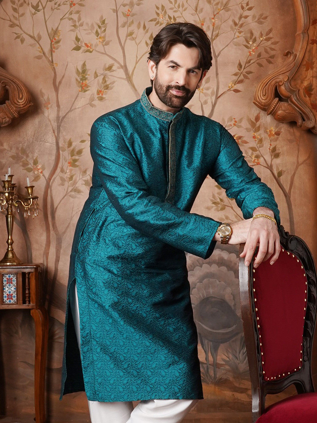 SOJANYA Men Sea Green Woven Design Straight Kurta