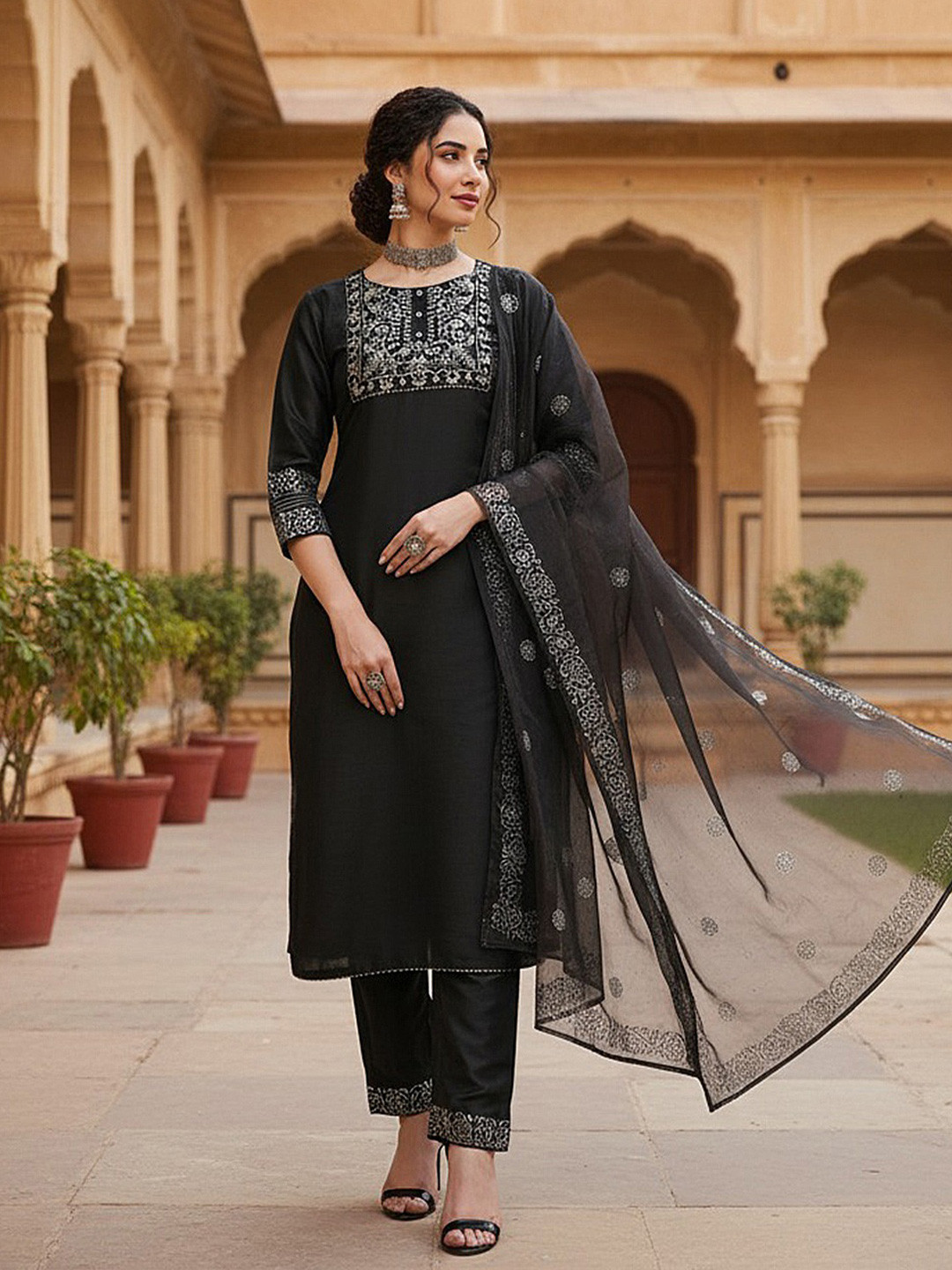 AHIKA Women Black Floral Yoke Design Gotta Patti Kurta with Trousers & With Dupatta