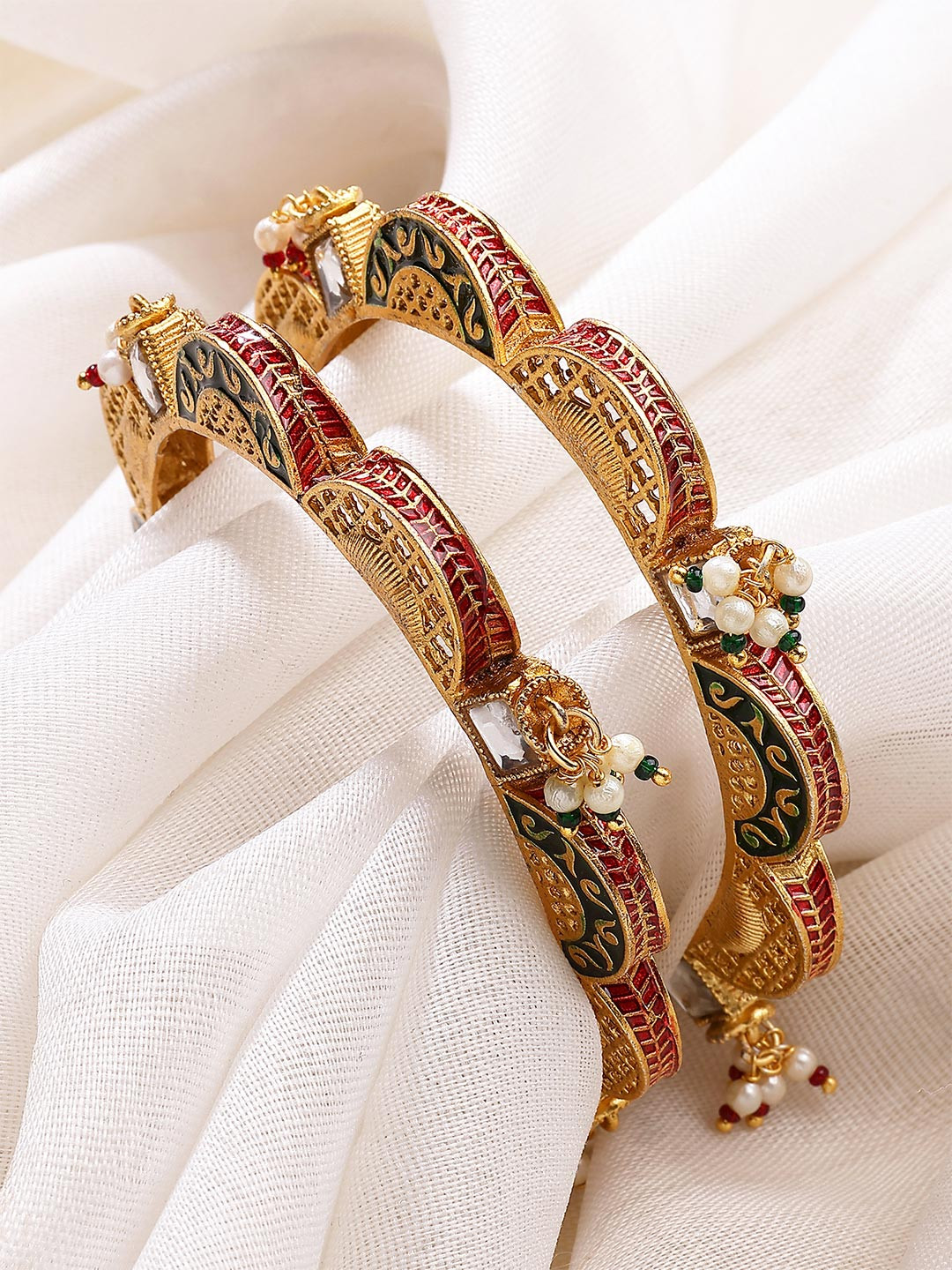 KARATCART Pack Of 2 Gold-Plated White & Green Stone Studded & Beaded Kashmiri Bangless