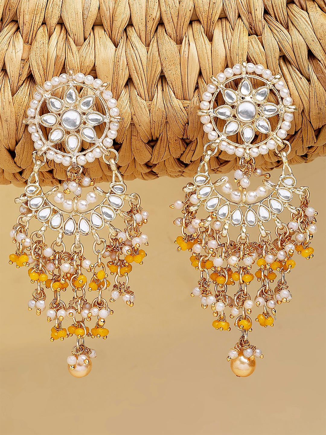 KARATCART Yellow Kundan Studded Contemporary Chandbalis Earrings