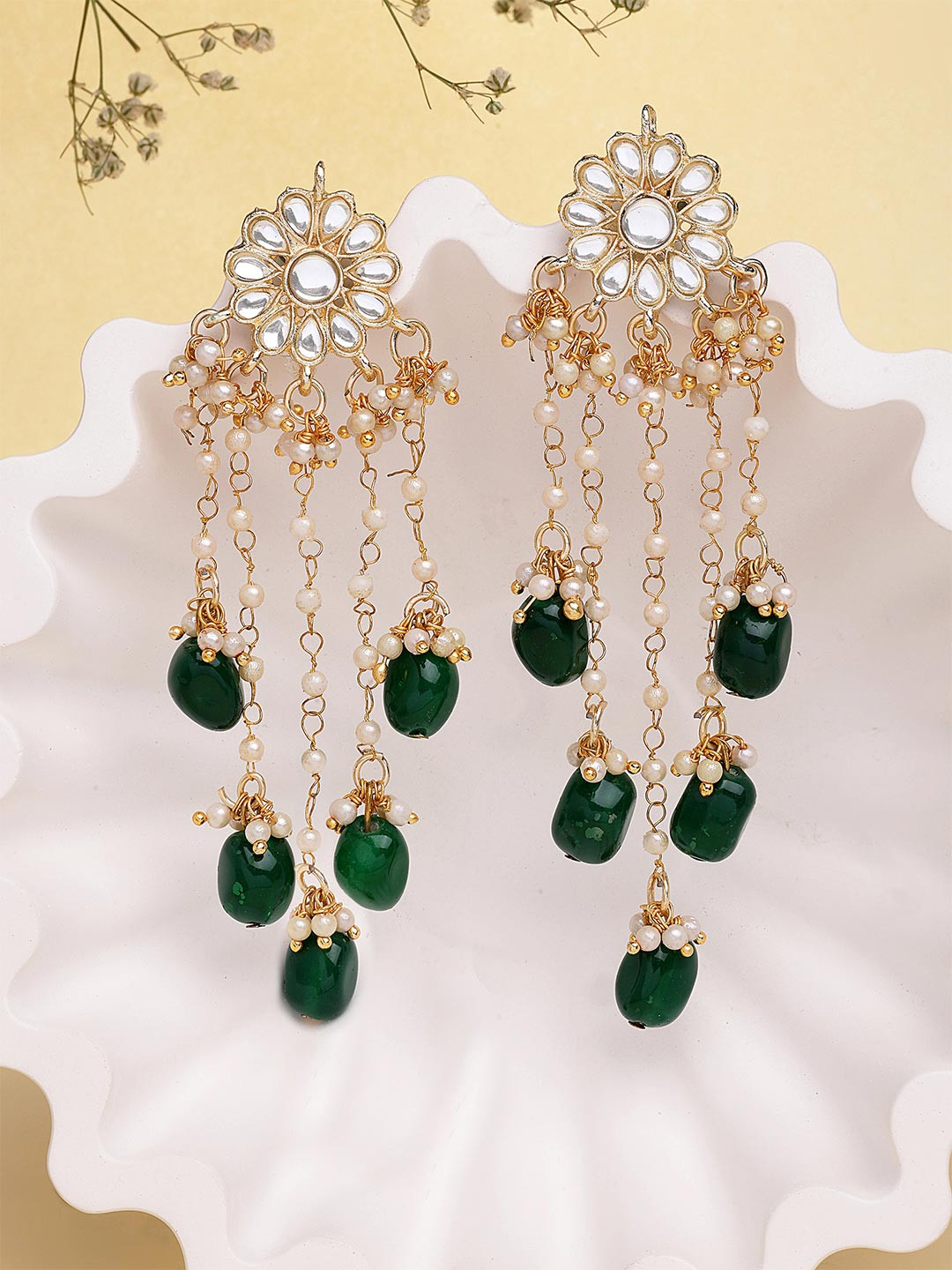 KARATCART Gold Plated & Green Classic Drop Earrings