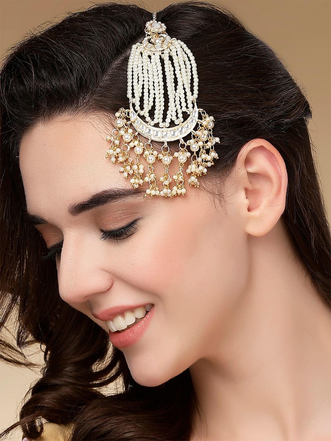KARATCART Gold-Plated & White Kundan Studded & Beaded Jhumar Passa