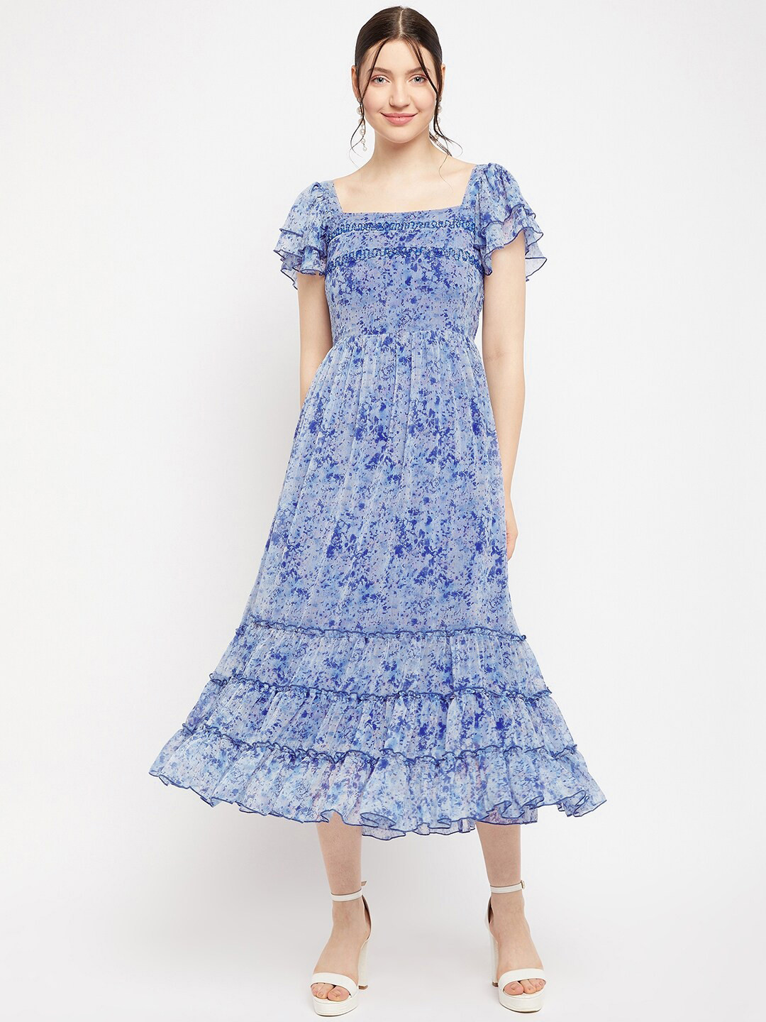 Antheaa Square Neck Abstract Printed Tiered Embellished Chiffon Fit & Flare Midi Dress