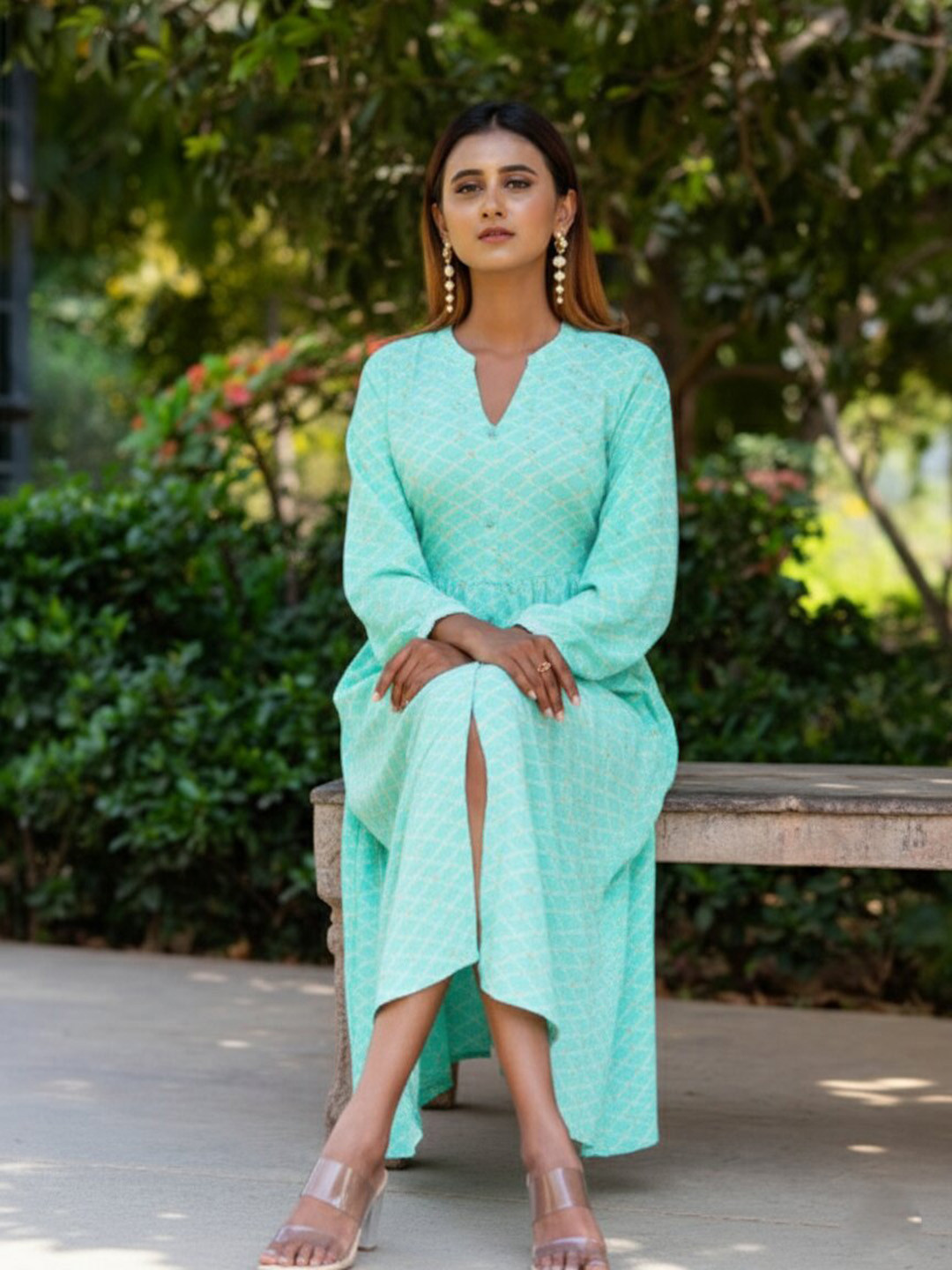 Gerua By Libas Bandhani Print Puff Sleeves Midi Ethnic Dress