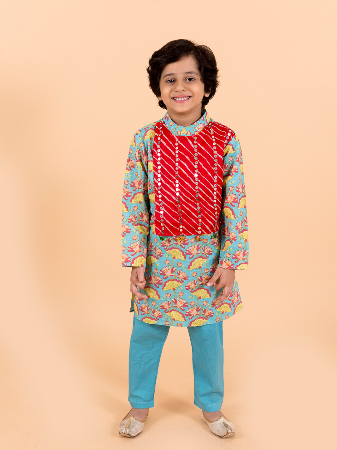 pspeaches Kids-Boys Sea Green Printed Pleated Pure Cotton Kurta with Churidar