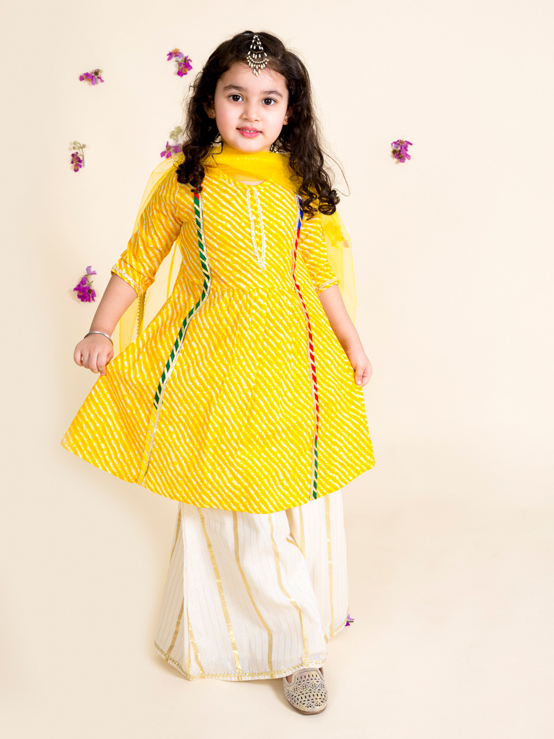 Pspeaches Girls Yellow Leheriya Cotton Kurta Palazzo Dupatta Set