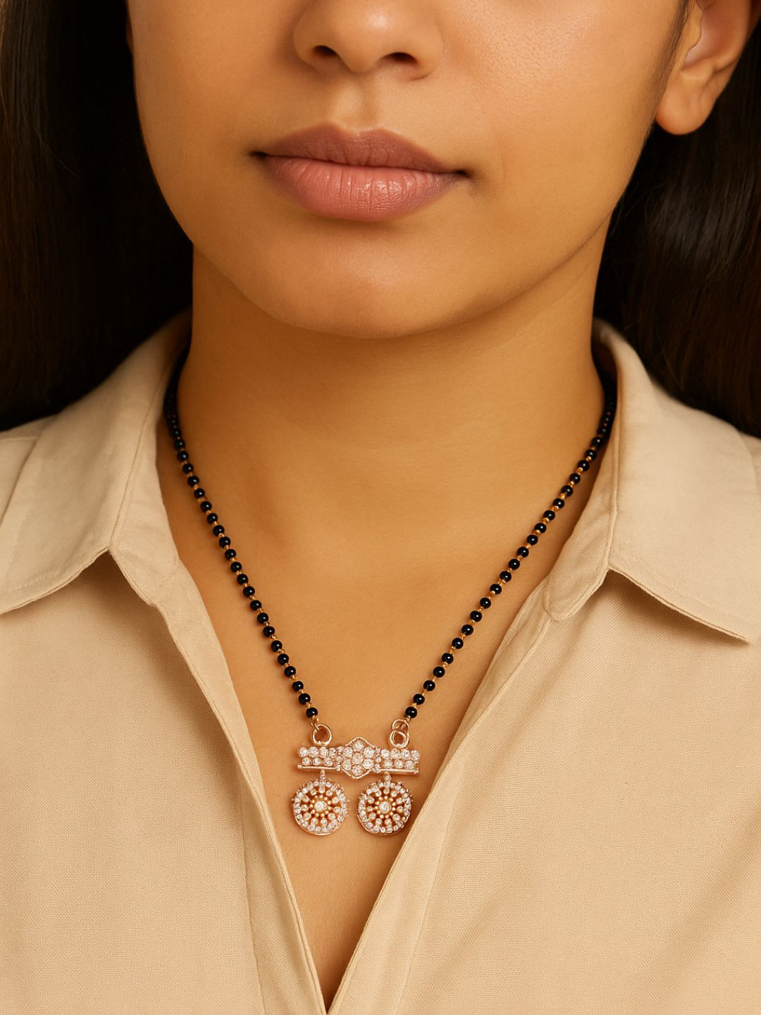 I Jewels Rose Gold-Plated White & Black Stone-Studded & Beaded Mangalsutra