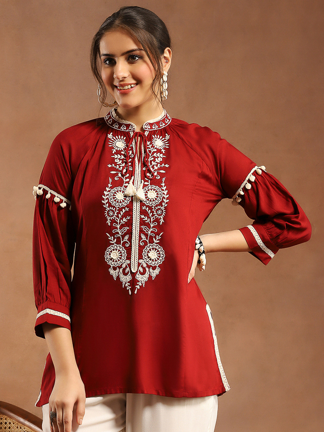 Nayam By Lakshita Mandarin Collar Puff Sleeves Embroidered Tunic