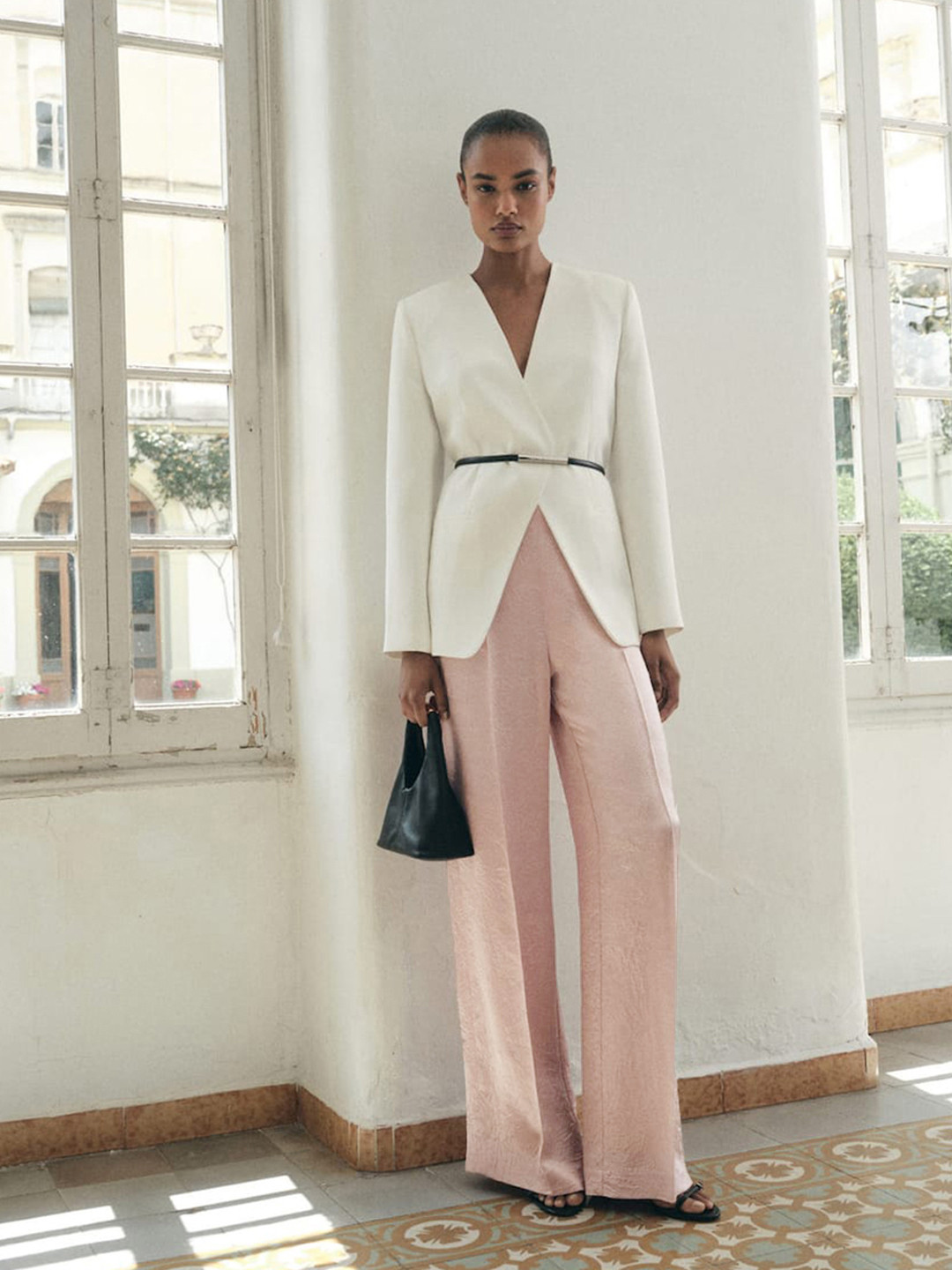 MANGO Women Satin-Finish Mid-Rise Crinkled Effect Wide Leg Trousers