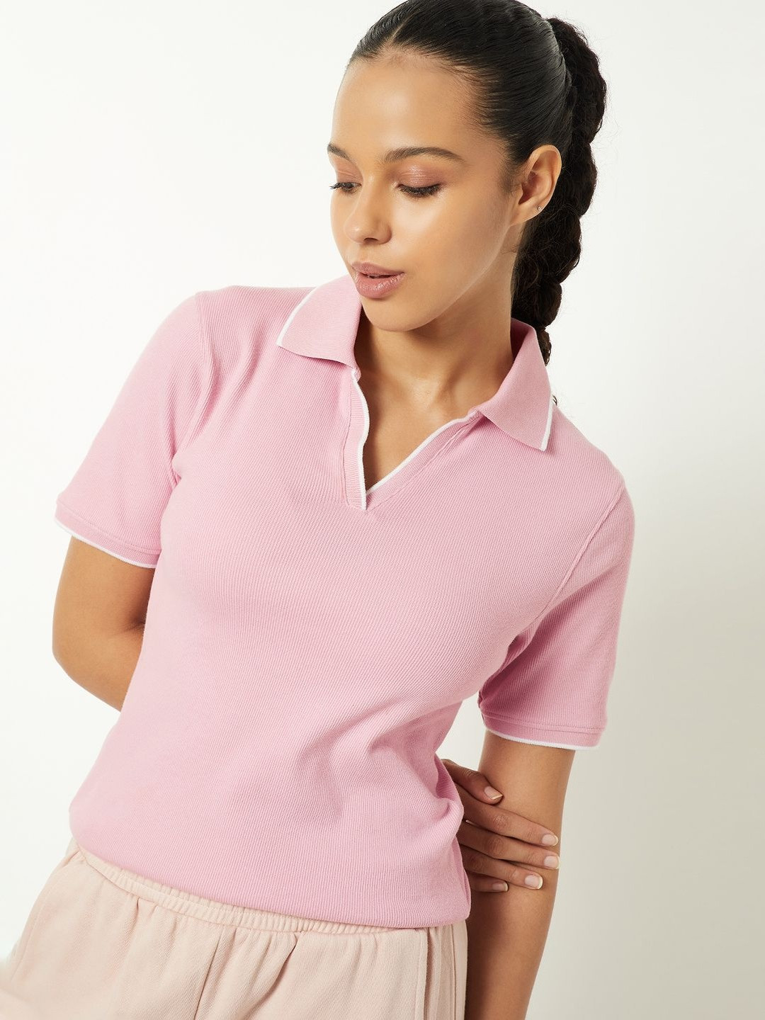 max Women Self Design Polo Collar Cotton T-shirt