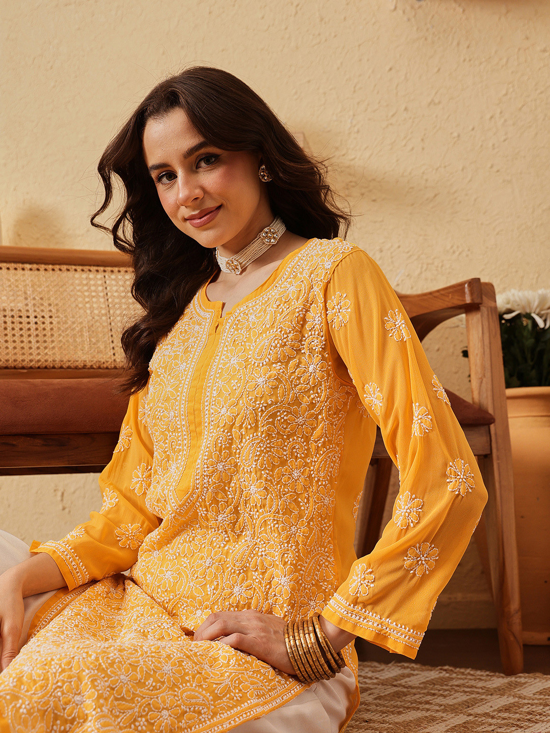ADA Women Yellow & White Chikankari Hand Embroidered Semi-Sheer Straight Handloom Kurta